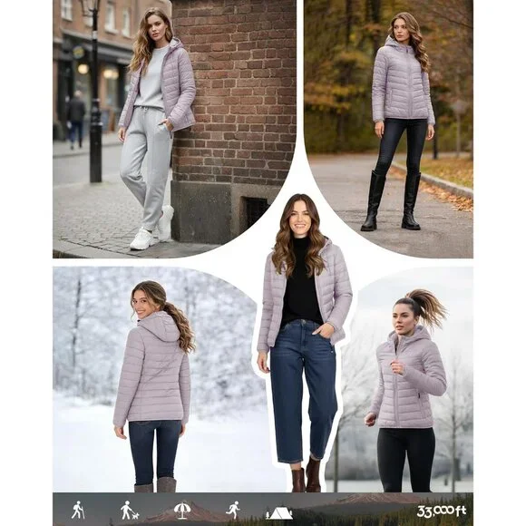 Women's Quilted Hooded Puffer Jacket Coat Pinkish Gray Lightweight Packable - Picture 3 of 7